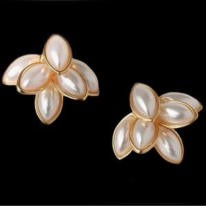 “Navette Pearl Petals” Marquis Ellipse 3D Weeping Flower Floral Gold Ear Jackets